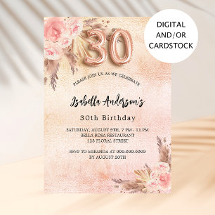 Invitation 30e anniversaire pampas herbe fleurs d'or rose