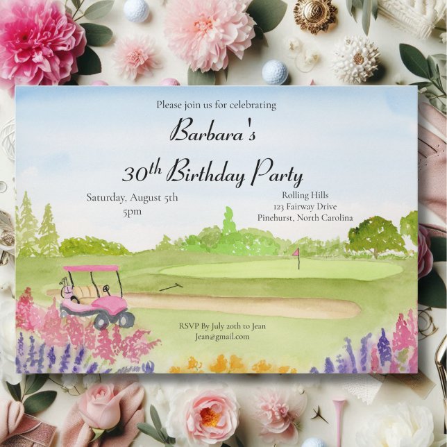 Invitation 30e anniversaire Party Pink Golf Cart Golf Course (Créateur téléchargé)