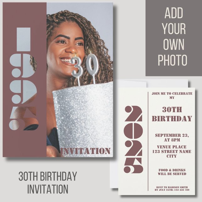 Invitation 30e anniversaire photo de fête née 1995 rouge Invi (Créateur téléchargé)