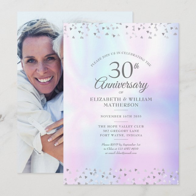Invitation 30e anniversaire Photo Pearl Hearts Confetti (Devant / Derrière)