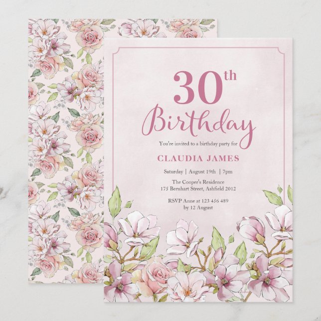 Invitation 30e anniversaire Pink Floral (Devant / Derrière)