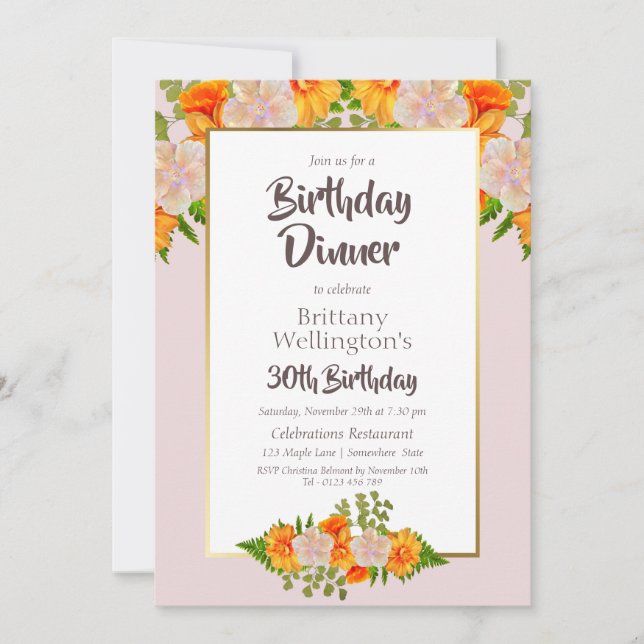 Invitation 30e anniversaire Pink Orange Gold Floral Party (Devant)