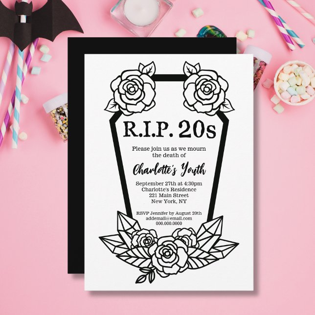 Invitation 30e anniversaire Rip 20s Cafin Rose Mort de la jeu (30th Birthday Rip 20s Roses Coffin Death Of Youth Invitation
)