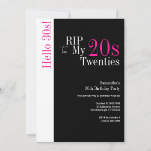 Invitation 30e anniversaire RIP 20s Hello 30s Party Black Pin