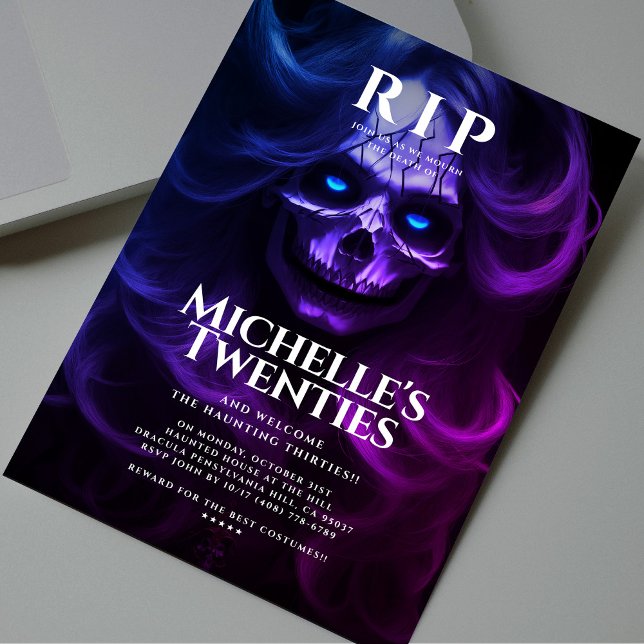 Invitation 30e anniversaire RIP Années Crâne dame rose pourpr (30th Birthday RIP Twenties Lady Skull Pink Purple Invitation
)