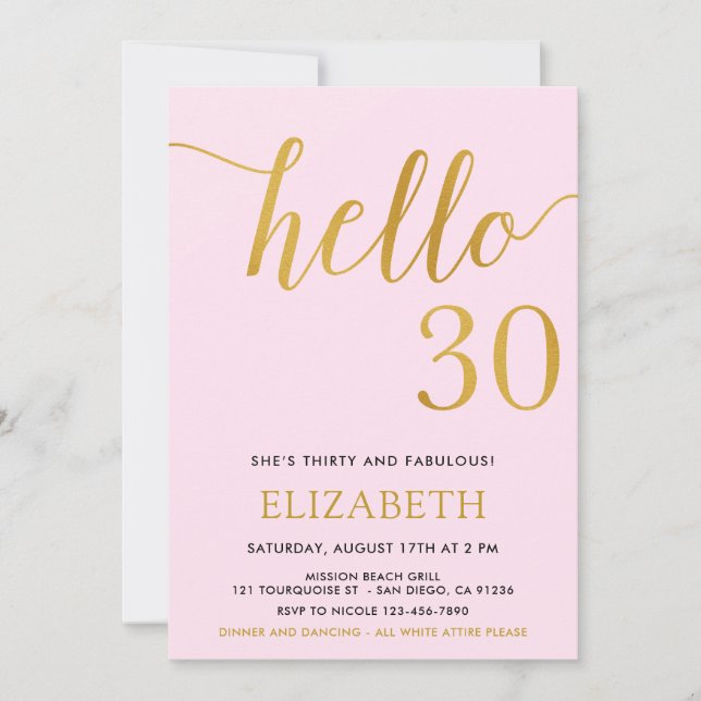 Invitation 30e anniversaire rose et or Bonjour 30 (Devant)