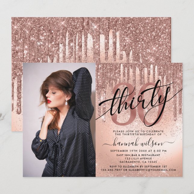 Invitation 30e anniversaire Rose Gold Foil & Parties scintill (Devant / Derrière)
