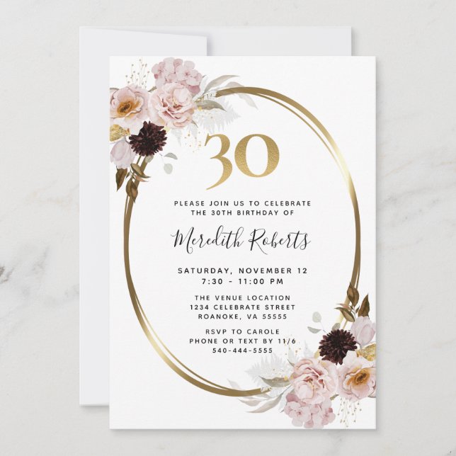 Invitation 30e anniversaire Rose Gold Metallic Floral Party (Devant)