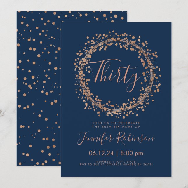 Invitation 30e anniversaire Rose Gold Navy Confetti (Devant / Derrière)
