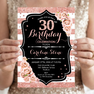 Invitation 30e Anniversaire Rose Gold Noir et Rayures Blanche