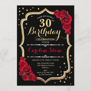 Invitation 30e anniversaire - Roses rouges noires d'or
