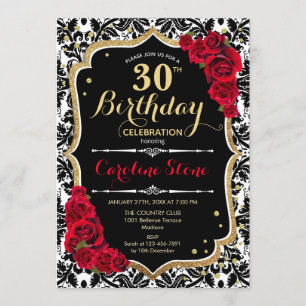 Invitation 30e anniversaire - Roses rouges Or noir Damas