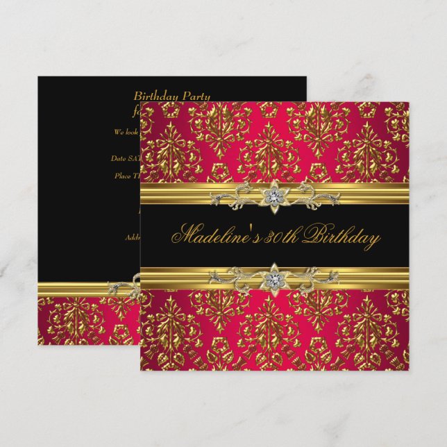 Invitation 30e anniversaire Rouge Damas Or Floral Bijou noir (Devant / Derrière)