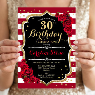 Invitation 30e anniversaire - Rouge or noir blanc rayures Ros