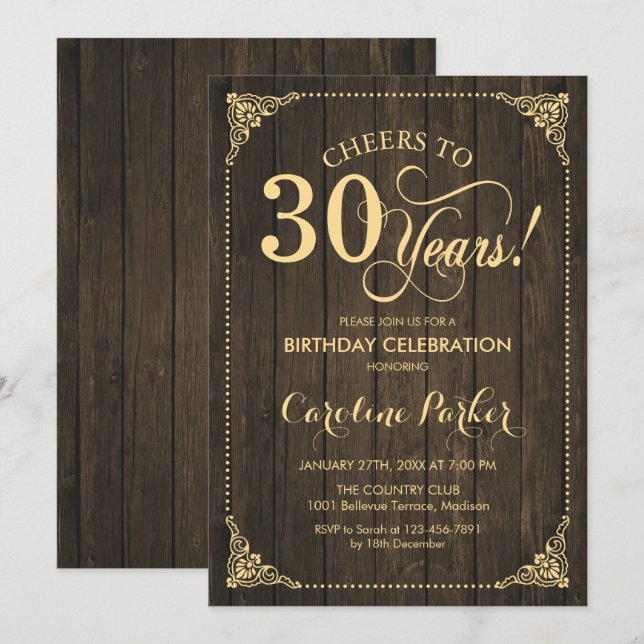 Invitation 30e anniversaire - Rustic Wood Gold (Devant / Derrière)