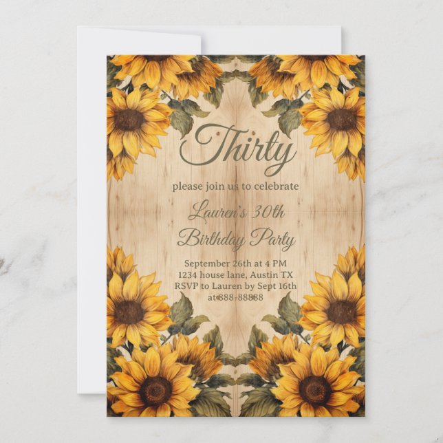 Invitation 30e anniversaire Rustic Wood Sunflower Aquarelle (Devant)