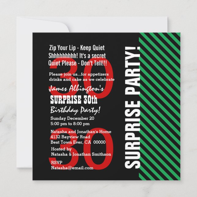 Invitation 30e Anniversaire Surprise Black Red Green Stripes  (Devant)