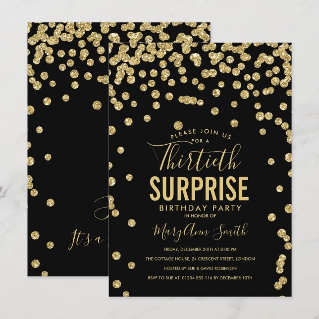 Invitation 30e anniversaire surprise Gold Black (Devant / Derrière)
