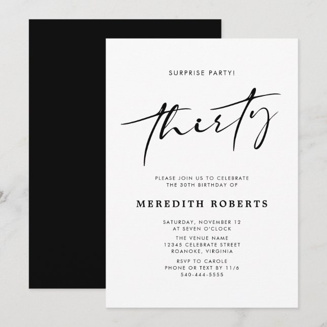 Invitation 30e anniversaire Surprise Party Chic moderne Scrip (Devant / Derrière)