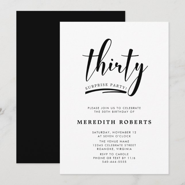 Invitation 30e anniversaire Surprise Party Moderne Minimalist (Devant / Derrière)