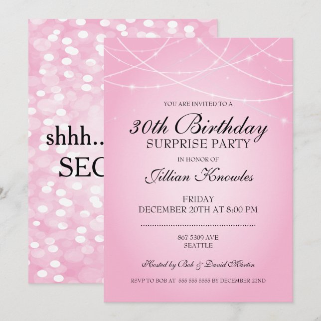 Invitation 30e anniversaire Surprise Party Pink String lumièr (Devant / Derrière)