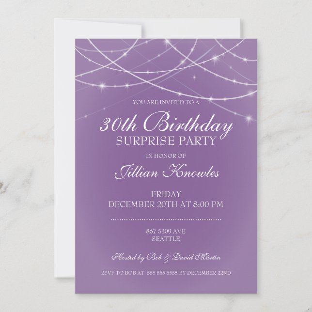 Invitation 30e anniversaire Surprise Party Purple String Lumi (Devant)