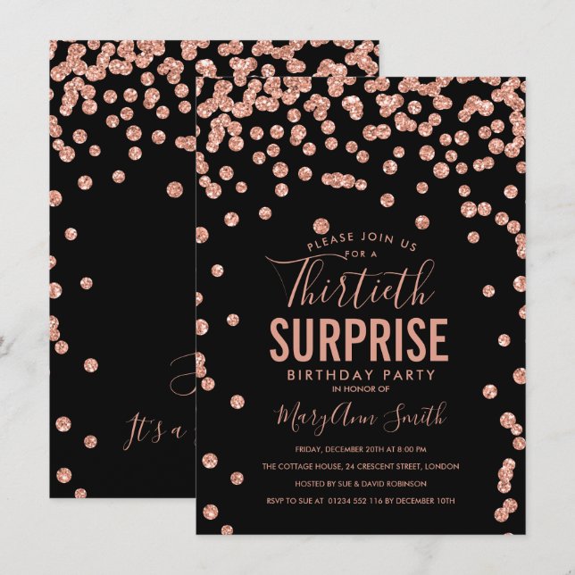 Invitation 30e Anniversaire Surprise Rose Gold Noir (Devant / Derrière)