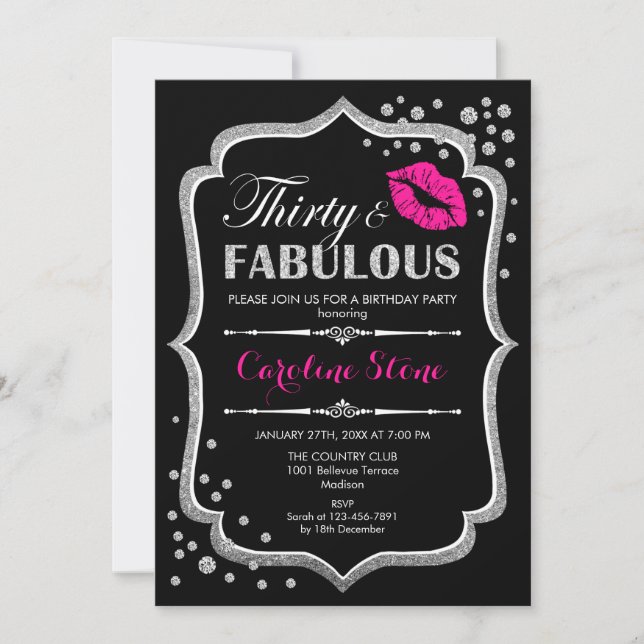 Invitation 30e anniversaire - Trente fabuleux argent rose noi (Devant)