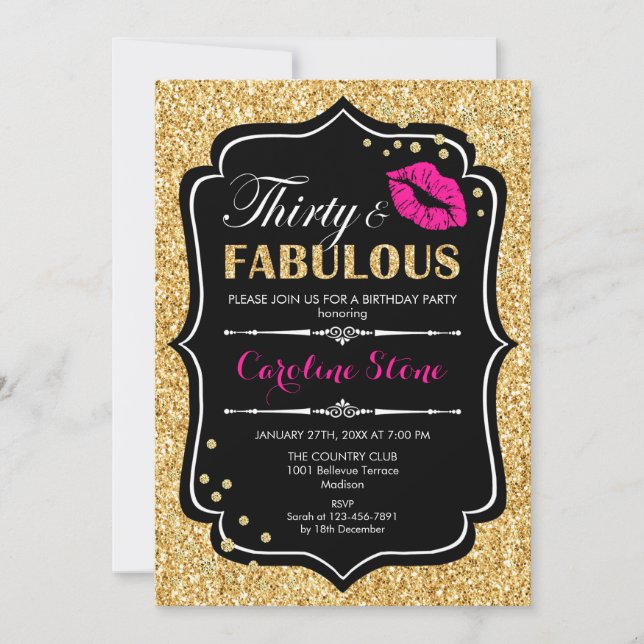 Invitation 30e anniversaire - Trente fabuleux or noir rose (Devant)