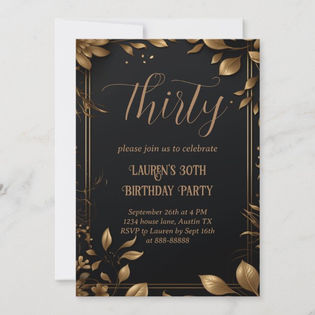 Invitation 30e anniversaire Trente moderne Simple Noir et Or (Devant)