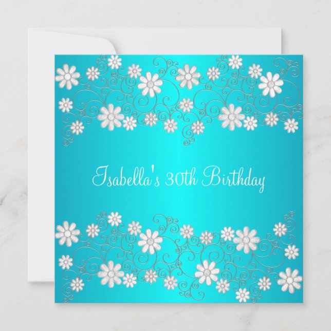 Invitation 30e anniversaire Turquoise & Blanc Floral (Devant)