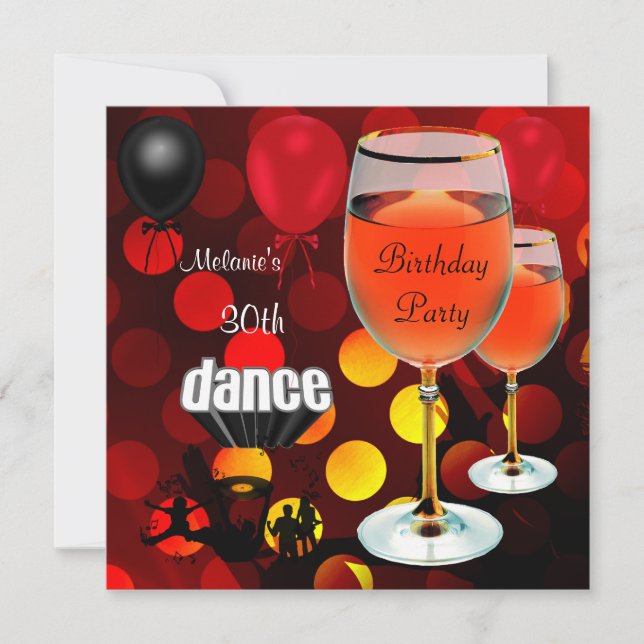 Invitation 30e anniversaire Vin rouge Verre Danse Ballons (Devant)