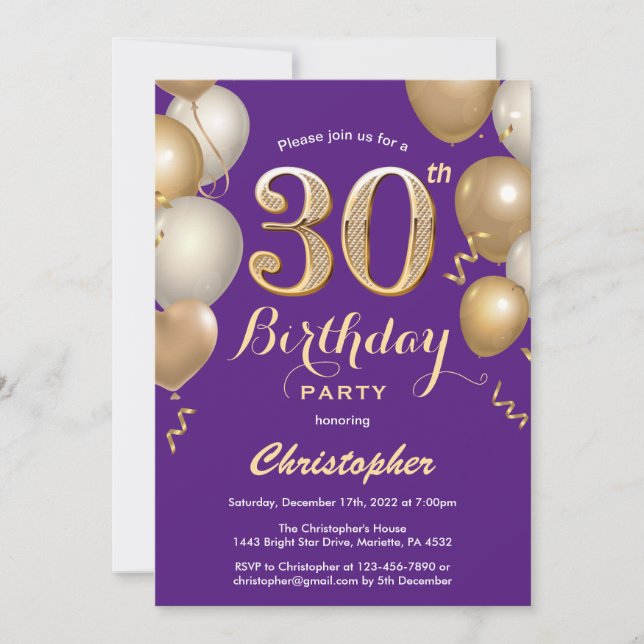 Invitation 30e anniversaire violet et ballons d'or Confetti (Devant)