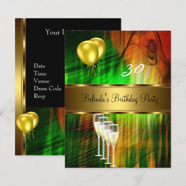 Invitation 30e fête d'anniversaire Ballons verts j (Devant / Derrière)
