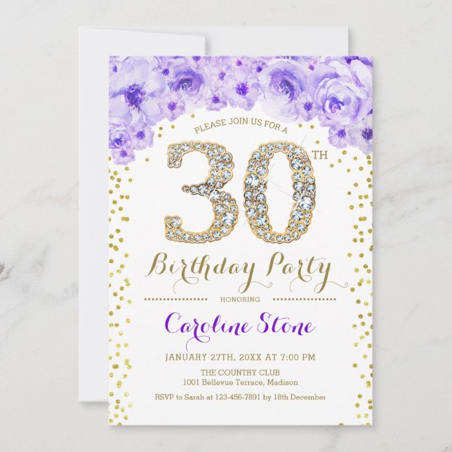 Invitation 30e fête d'anniversaire - Blanc Gold violet (Devant)