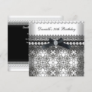 Invitation 30e fête d'anniversaire Damask Black White Pearl