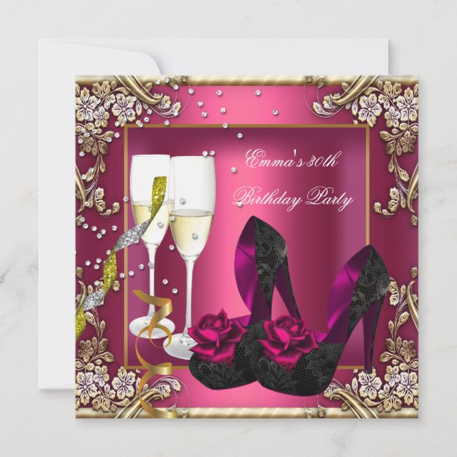 Invitation 30e fête d'anniversaire Dark Pink Gold Black Flora (Devant)