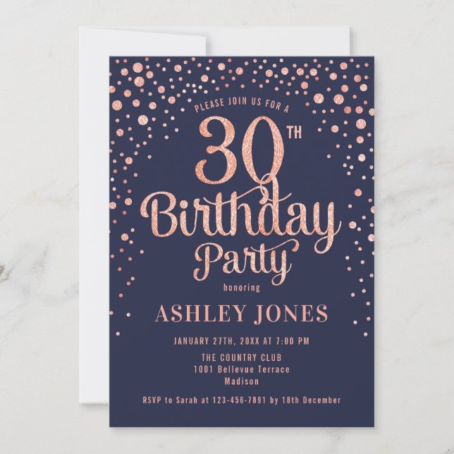 Invitation 30e fête d'anniversaire - Marine & Rose Gold (Devant)