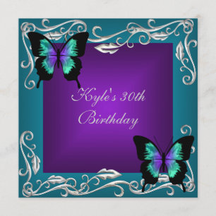 Invitation 30e fête d'anniversaire Purple Papillons Turquoise
