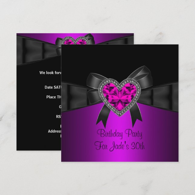 Invitation 30e fête d'anniversaire Purple rose Coeur Bijou no (Devant / Derrière)