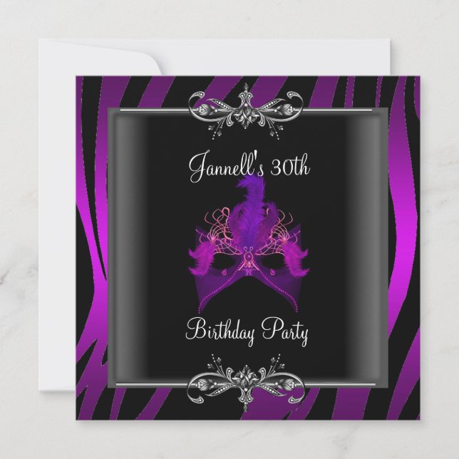 Invitation 30e fête d'anniversaire Purple Zebra Black Masque (Devant)