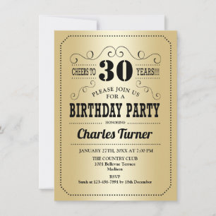 Invitation 30e fête d'anniversaire - Retro Gold Black