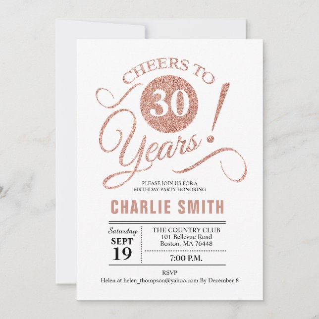 Invitation 30e fête d'anniversaire - Rose Gold White (Devant)