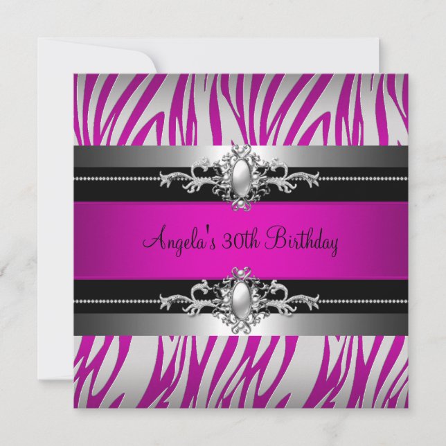 Invitation 30e fête d'anniversaire Zebra Hot Pink Silver Blac (Devant)