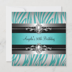 Invitation 30e fête d'anniversaire Zebra Turquoise bleu argen
