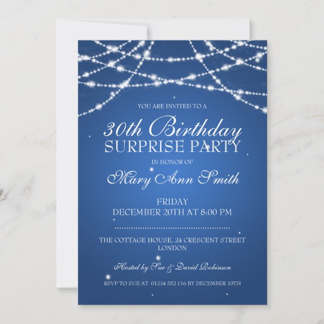 Invitation 30e Surprise Anniversaire Corde de fête Stars Bleu (Devant)