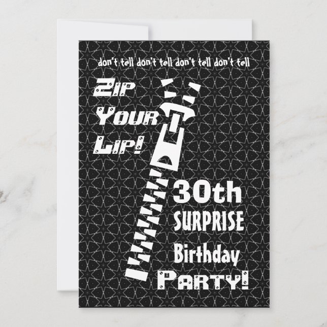Invitation 30e SURPRISE Funny Birthday Party Zip Your Lip (Devant)