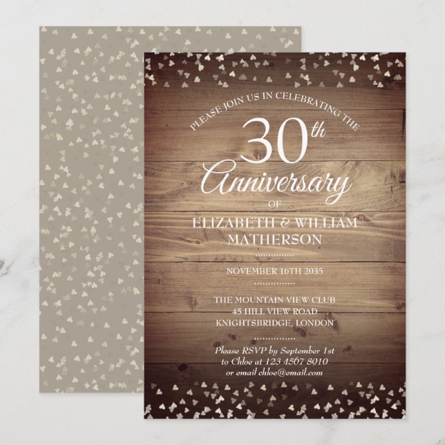 Invitation 30ème Anniversaire de Perle Bois Rustique Confetti (Devant / Derrière)