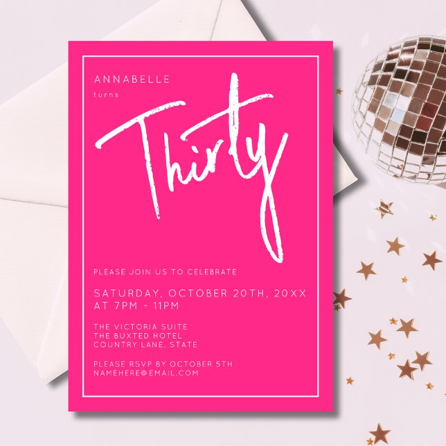 Invitation 30ème trentième anniversaire rose moderne (Modern 30th birthday party invitation in hot pink and script lettering. )