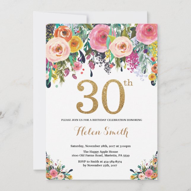 Invitation 30èmes parties scintillantes florales d'or (Devant)